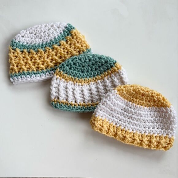Newborn Baby Crochet Hat Set of 3 Yellow Grey Mint Green 0-3 - Picture 13 of 13